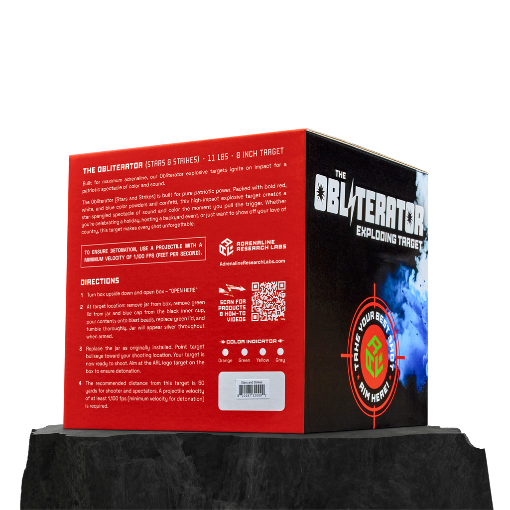 ARL Obliterator Stars And Strikes: 11 Pound Exploding Target produces a three color explosion with confetti upon detonation